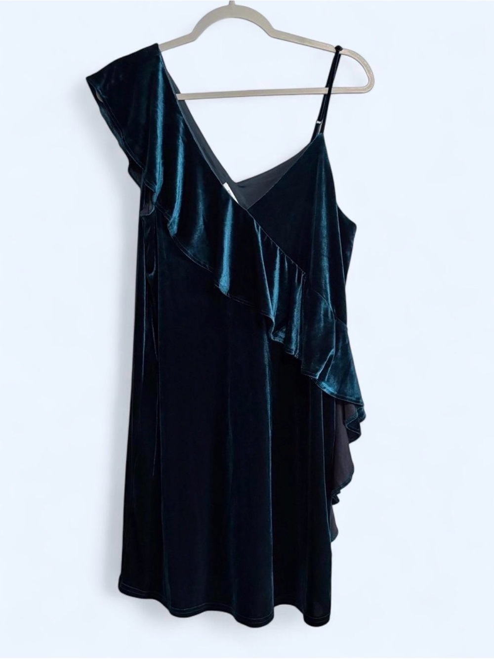 Collective Concepts Asymmetrical Velvet Ruffle Dress in Teal